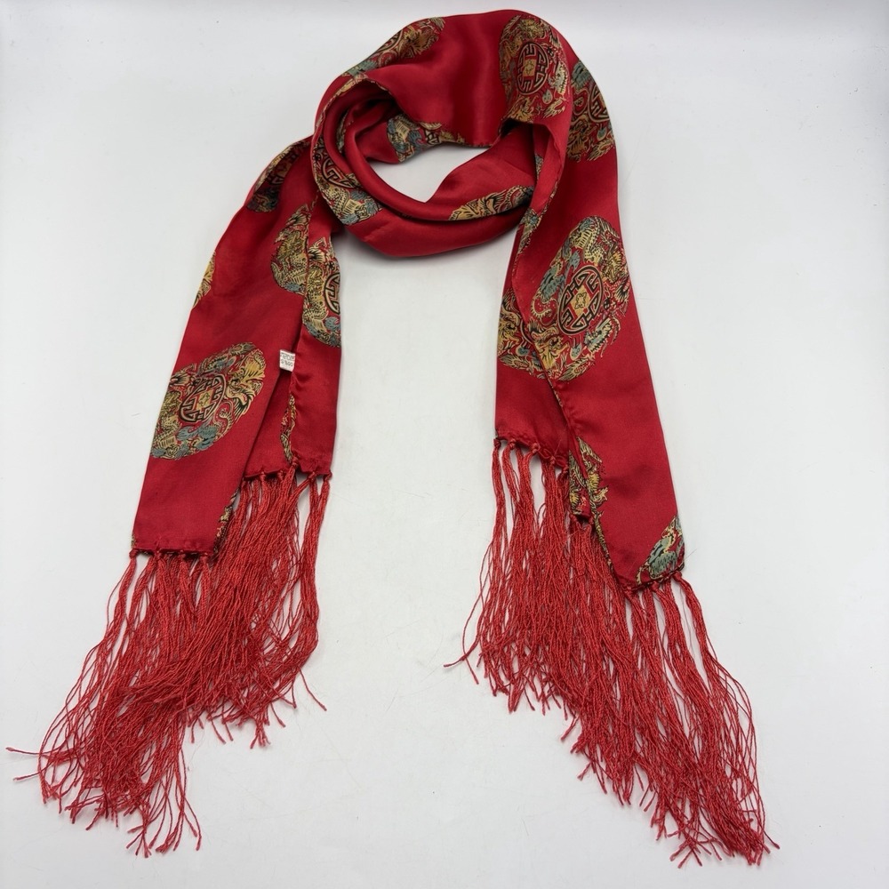 Chinese Silk Scarf Red Asian Medallion Fringe Good Luck Delicate Feminine